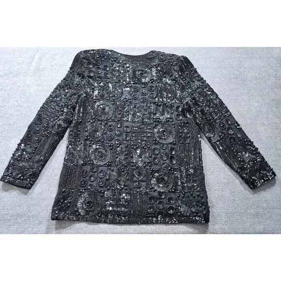Joan Leslie Talbots Jacket Womens L Petite Black Top Sequins Beads Silk LS Vtg - Picture 16 of 16